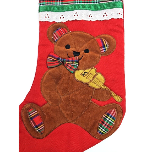 Vintage Christmas Stocking Teddy Bear Red Plaid Cotton Suede Music Pocket 13 in - Picture 2 of 8